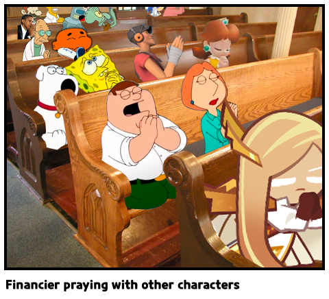 Financier praying with other characters