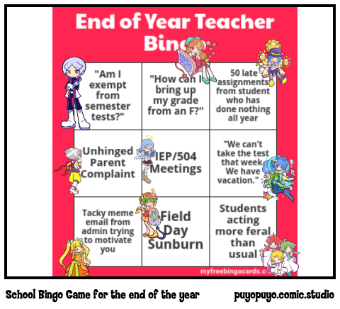 School Bingo Game for the end of the year