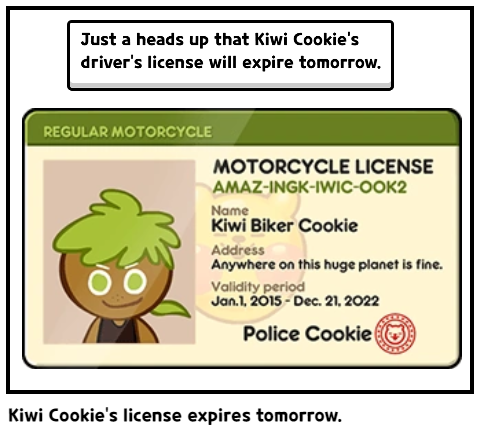 Kiwi Cookie's license expires tomorrow.