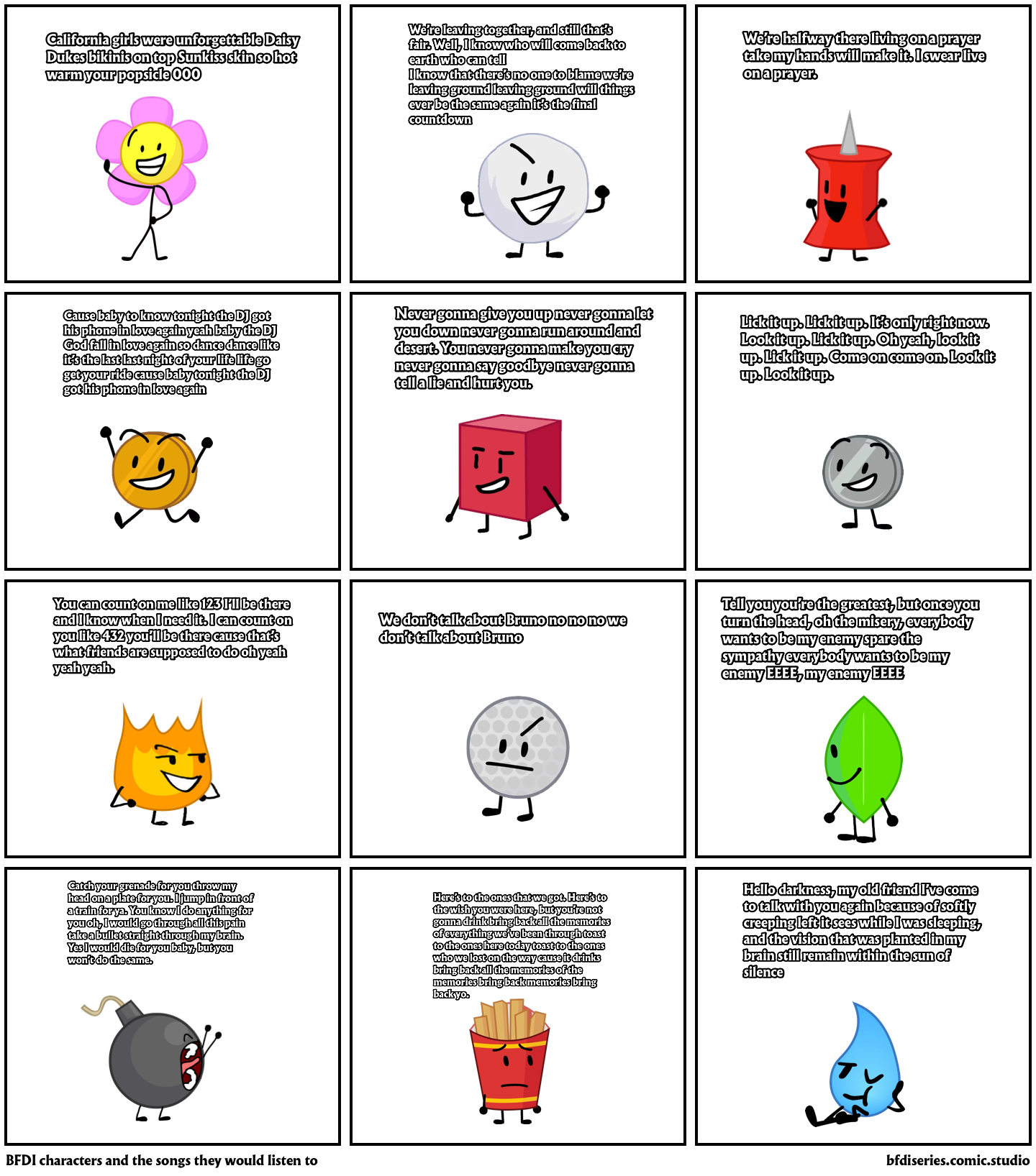 BFDI characters and the songs they would listen to