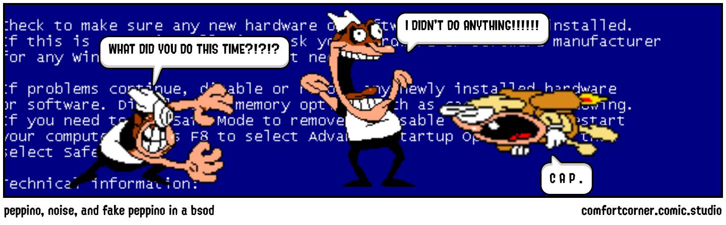 peppino, noise, and fake peppino in a bsod