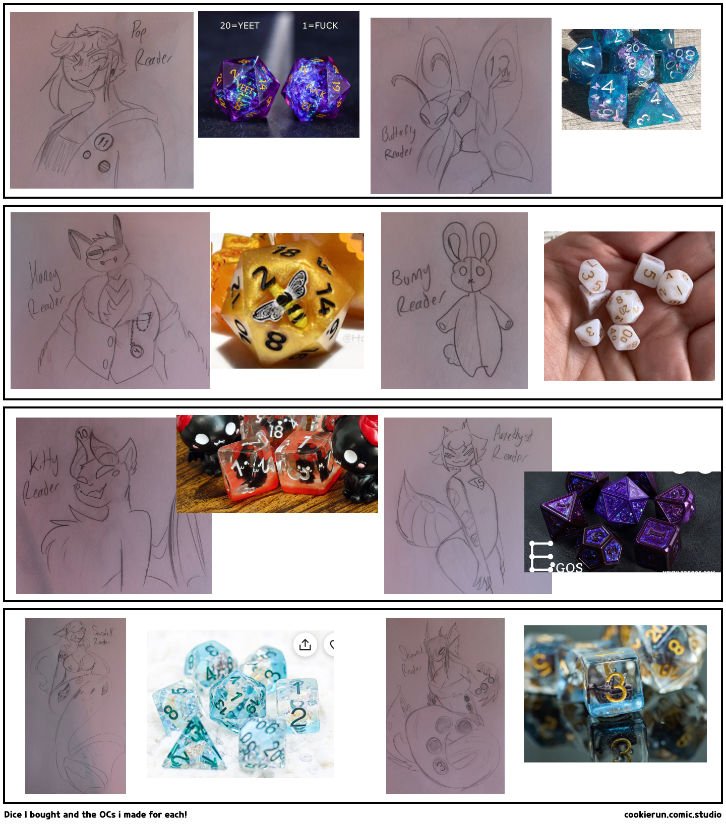 Dice I bought and the OCs i made for each!