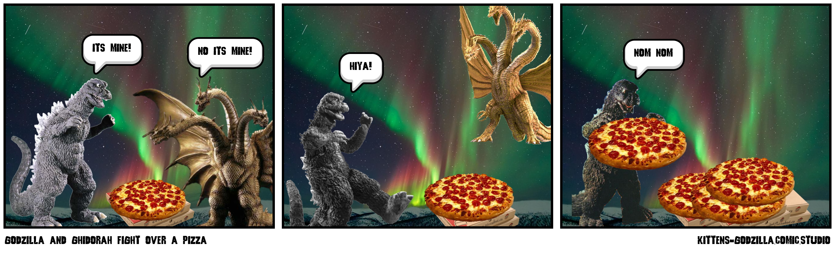 Godzilla and ghidorah fight over a pizza